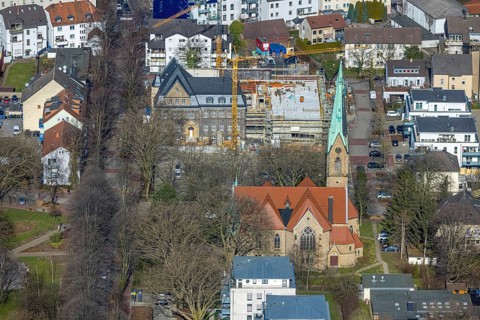 Aerial view, holzwickede construction site municipal administration, near protestant church Am