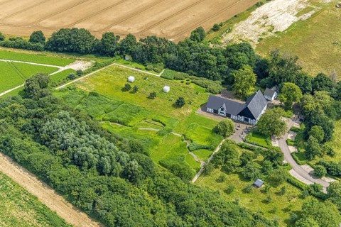 Aerial view, Emscherquellhof with source of the Emscher, Hohenleuchte, Holzwickede, Ruhr area,