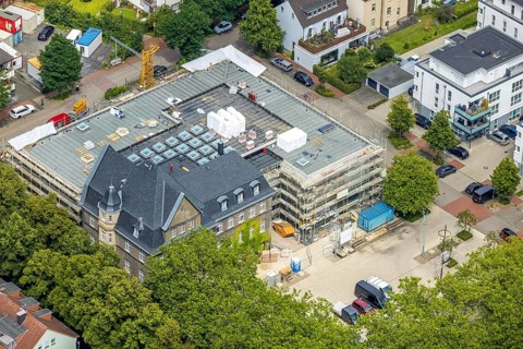 Aerial view, town hall Holzwickede, construction site and extension of the city administration,