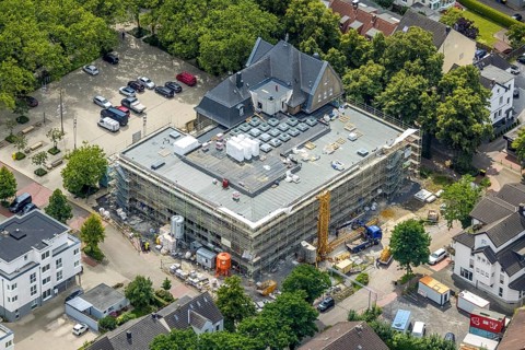 Aerial view, town hall Holzwickede, construction site and extension of the city administration,