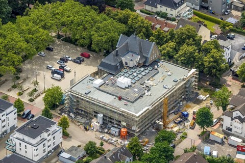 Aerial view, town hall Holzwickede, construction site and extension of the city administration,