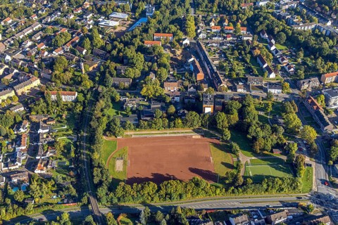 Aerial view, sports facility on Gelsenkircher Straße in the Wanne district of Herne, Ruhr area,