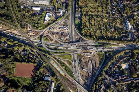 Aerial view, construction site with tunnel construction at the motorway junction Herne of the A42