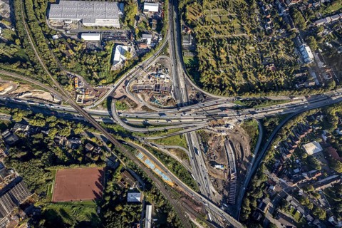 Aerial view, construction site with tunnel construction at the motorway junction Herne of the A42