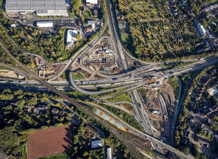 Aerial view, construction site with tunnel construction at the motorway junction Herne of the A42