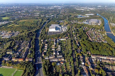 Aerial view, Nordfrost logistics centre in the district of Unser Fritz in Herne, noise problems of