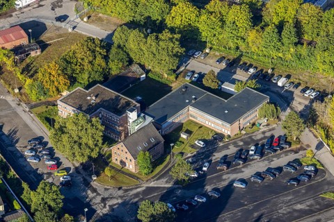 Aerial view, Eiffage Rail branch on Landgrafenstraße in the Wanne-Süd district of Herne, Ruhr area,