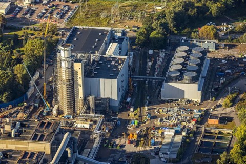 Aerial view, STEAG Herne CHP plant with construction project gas and steam power plant GuD Herne in