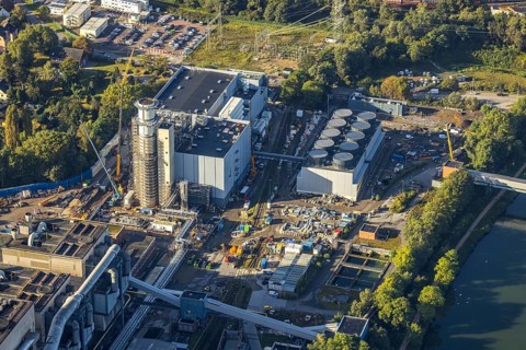 Aerial view, STEAG Herne CHP plant with construction project gas and steam power plant GuD Herne in