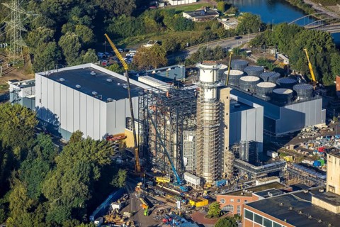 Aerial view, STEAG Herne CHP plant with construction project gas and steam power plant GuD Herne in