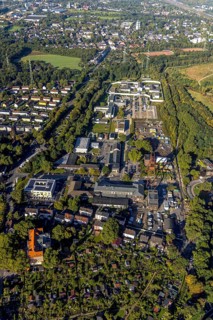 Aerial view, Wilhelmstraße industrial estate with winding tower of the former Pluto colliery and