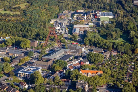 Aerial view, industrial area Wilhelmstraße with winding tower of the former Pluto colliery and