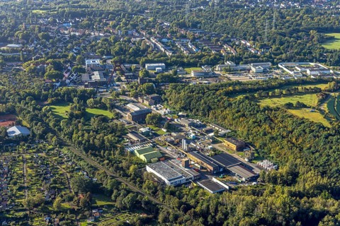 Aerial view, industrial area Wilhelmstraße with winding tower of the former Pluto colliery and