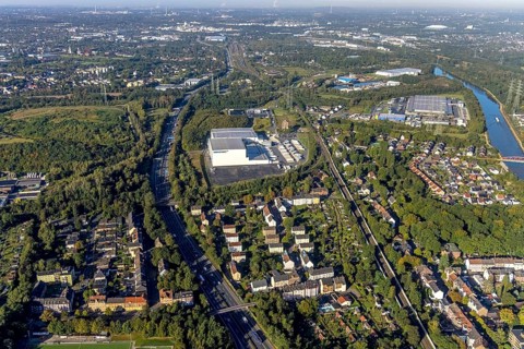 Aerial view, Nordfrost logistics centre in the district of Unser Fritz in Herne, noise problems of