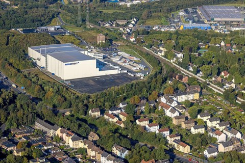 Aerial view, Nordfrost logistics centre in the district of Unser Fritz in Herne, noise problems of