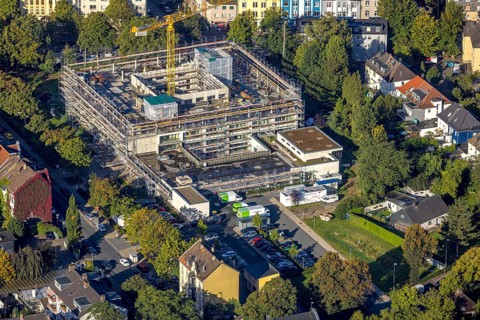 Aerial view, construction site and expansion of the Rheumatism Centre Ruhr Area in the St.