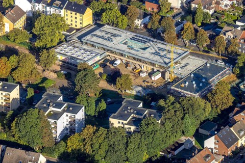 Aerial view, construction site with renovation and extension of the Claudius School in the Wanne