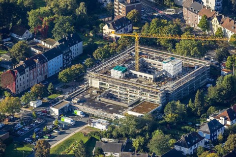 Aerial view, construction site and expansion of the Rheumatism Centre Ruhr Area in the St.