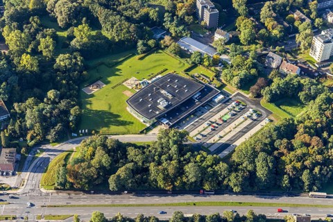 Aerial view, Wananas sports and leisure pool in the district Baukau-West in Herne, Ruhr area, North