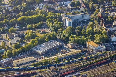 Aerial view, former Heitkamp-Villa construction site and new building for flats at Heitkampsfeld