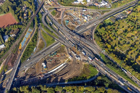 Aerial view, construction site with tunnel construction at the motorway junction Herne of the A42