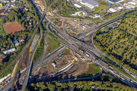 Aerial view, construction site with tunnel construction at the motorway junction Herne of the A42