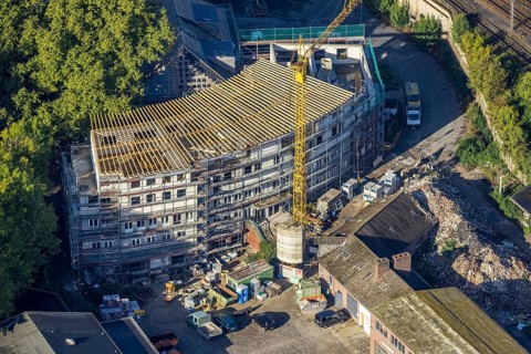 Aerial view, former Heitkamp villa, construction site and new building for flats at Heitkampsfeld