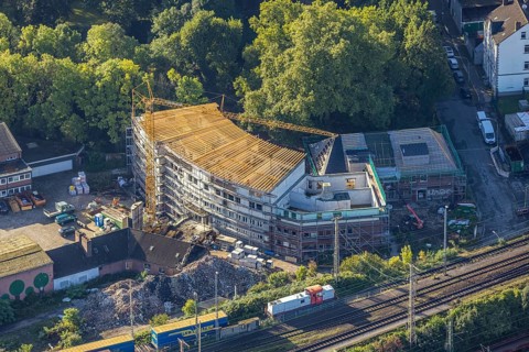 Aerial view, former Heitkamp-Villa construction site and new building for flats at Heitkampsfeld in