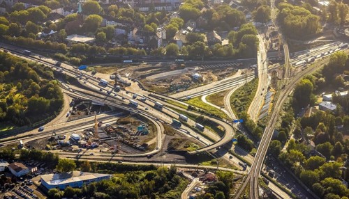 Aerial view, construction site with tunnel construction at the motorway junction Herne of the A42