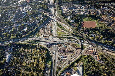 Aerial view, construction site with tunnel construction at the motorway junction Herne of the A42