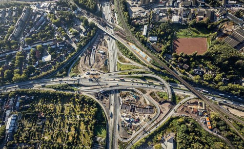 Aerial view, construction site with tunnel construction at the motorway junction Herne of the A42