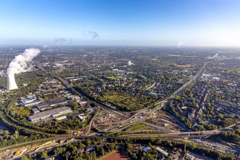 Aerial view, construction site with tunnel construction at the motorway junction Herne of the A42