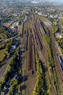 Aerial view, freight station Herne and Wanne-Eickel main station in the district Wanne in Herne,