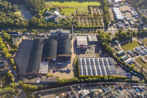 Aerial view, commercial area with ENEXIO Germany and Poco pick-up warehouse in the district Eickel