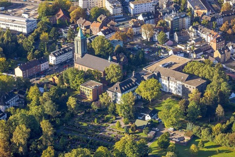 Aerial view, St. Marien Church and St. Marien Hospital Eickel in the district of Eickel in Herne,