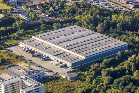 Aerial view, commercial area Koniner Straße with logistics hall in the district Holsterhausen in