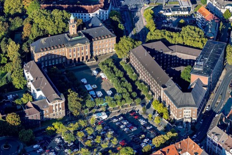 Aerial view, Herne town hall with police station and community centre as well as district court and