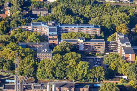 Aerial view, Quartier Shamrockpark of the former RAG AG at Shamrockring in the district Herne-Mitte