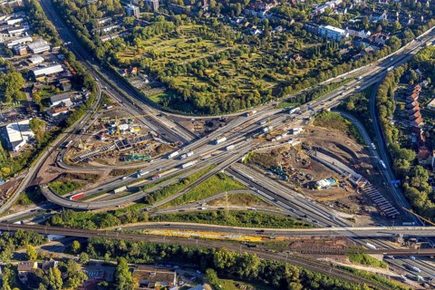 Aerial view, construction site with tunnel construction at the motorway junction Herne of the A42