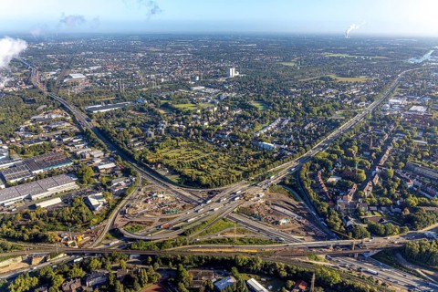 Aerial view, construction site with tunnel construction at the motorway junction Herne of the A42