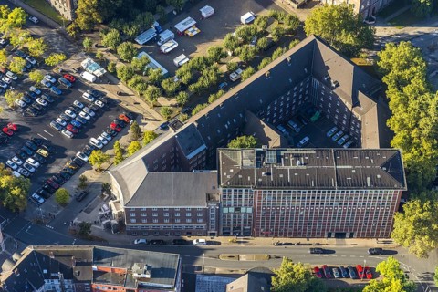 Aerial view, police station with community centre and weekly market market at Friedrich-Ebert-Platz