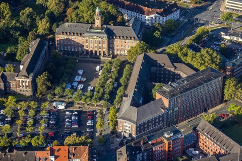 Aerial view, Herne town hall with police station and community centre as well as district court and