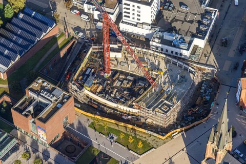 Aerial view, construction site and new building Europaplatz and Europagarten with Kreuzkirche in