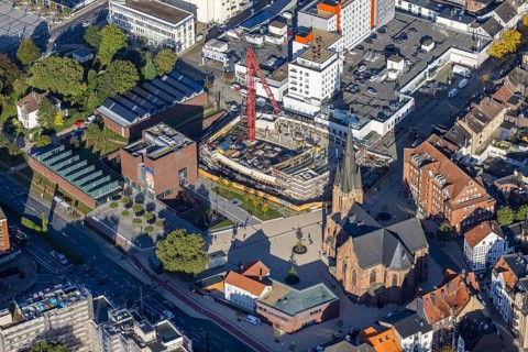 Aerial view, construction site and new building Europaplatz and Europagarten with Kreuzkirche in