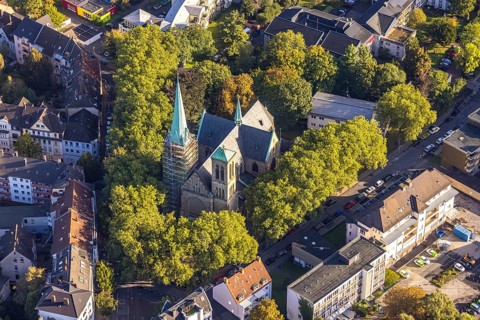 Aerial view, renovation of the church tower of the Catholic Herz-Jesu-Kirche in the Herne-Mitte