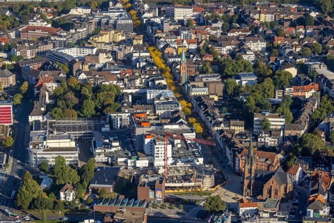 Aerial view, construction site and new building Europaplatz and Europagarten with Kreuzkirche in