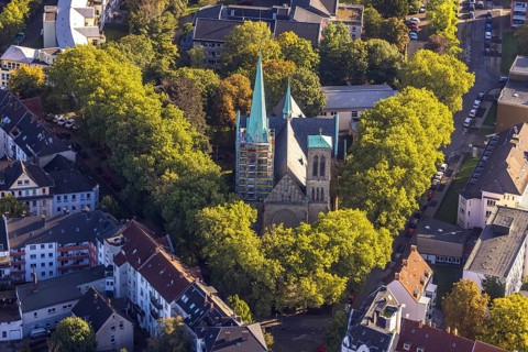 Aerial view, renovation of the church tower of the Catholic Herz-Jesu-Kirche in the Herne-Mitte