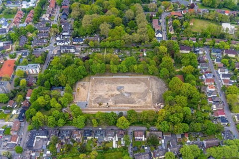Aerial photo, construction site and modernisation Horst Stadium, Holsterhausen, Herne, Ruhr area,