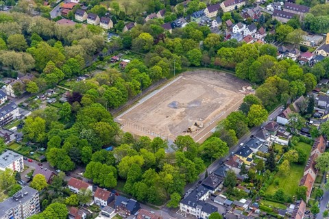 Aerial photo, construction site and modernisation Horst Stadium, Holsterhausen, Herne, Ruhr area,