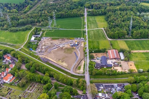 Aerial view, construction area Hofstraße am Hüller Bach, Röhlinghausen, Herne, Ruhr area, North